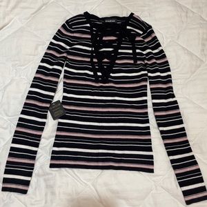Bebe  Womens Lace-Up Striped Knit Sweater Sz XS